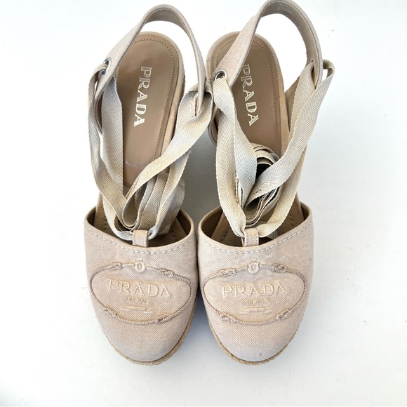 PRADA Beige Canvas Ankle Strap Lace Wrap Platform Wedges Sandal Espadrille Sz 38 - Picture 3 of 15